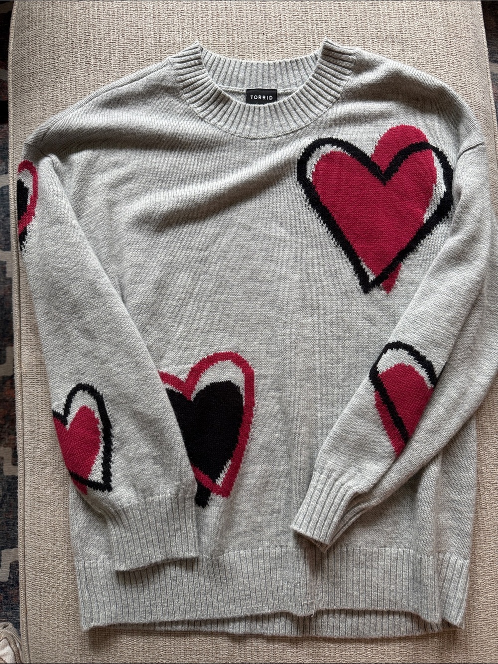 torrid Gray Crewneck Sweater with Pink & Black Hearts